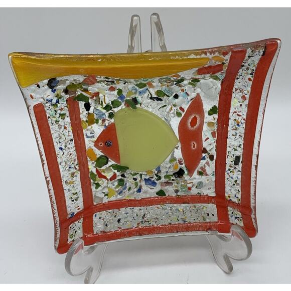 Fused Art Glass Trinket Dish Jewellery Dish Aquamarine Fish 5.25” Pebble Texture - Picture 3 of 4